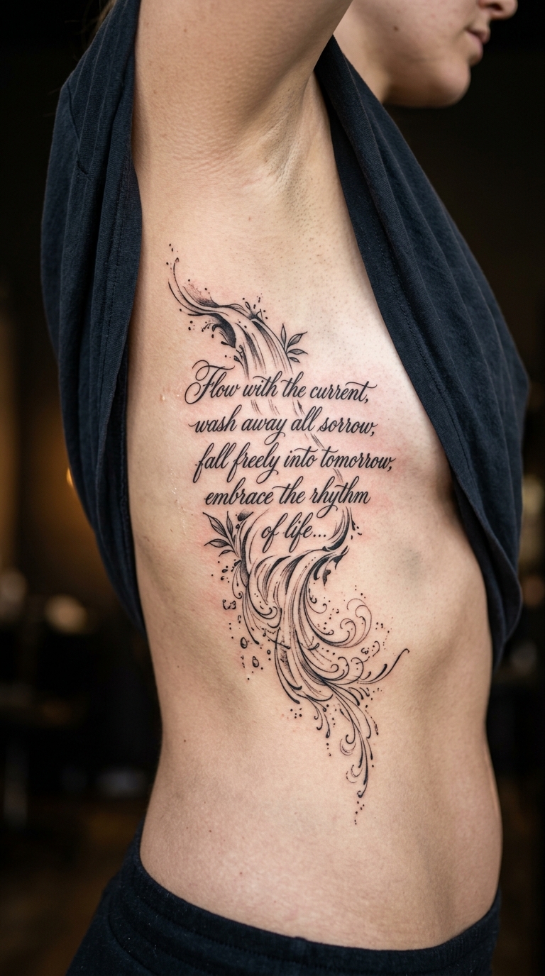 Wasserfall als Schrift Tattoo Idee für die Rippen