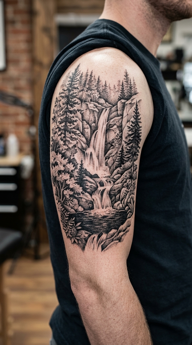 Wasserfall im Wald als Dotwork Tattoo Idee für den Oberarm