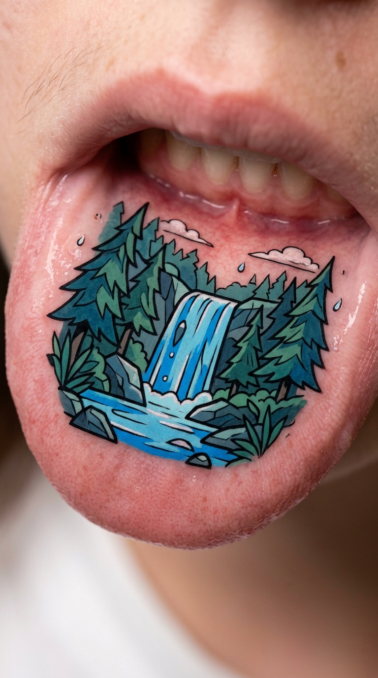 Wasserfall Tattoo Idee für die Unterlippe