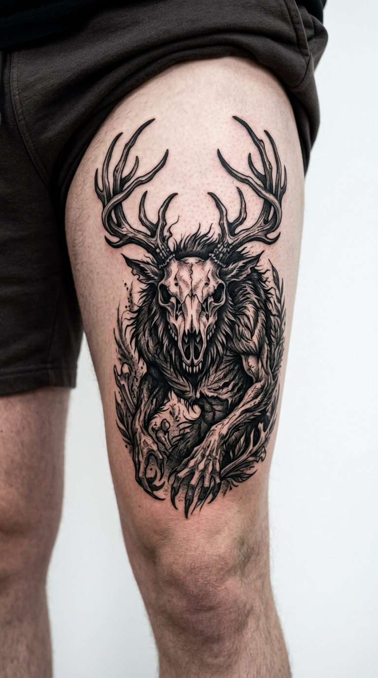 Wendigo als düstere Tier Tattoo Vorlage für den Oberschenkel
