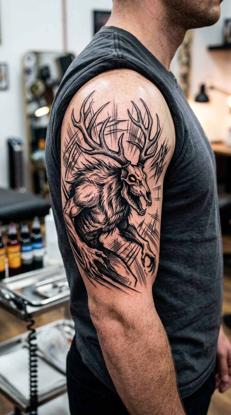 Wendigo als düsteres Anime Tattoo für den Oberarm