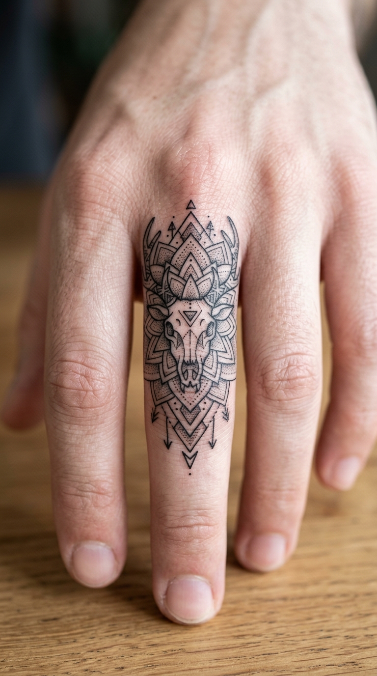 Wendigo im Mandala Stil als Finger Tattoo