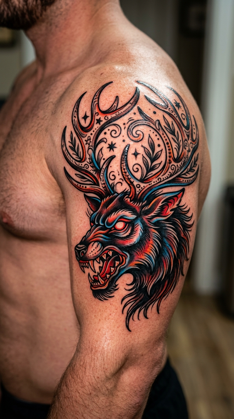 Wendigo Tattoo Idee als Oldschool und Newschool Mix für den Oberarm