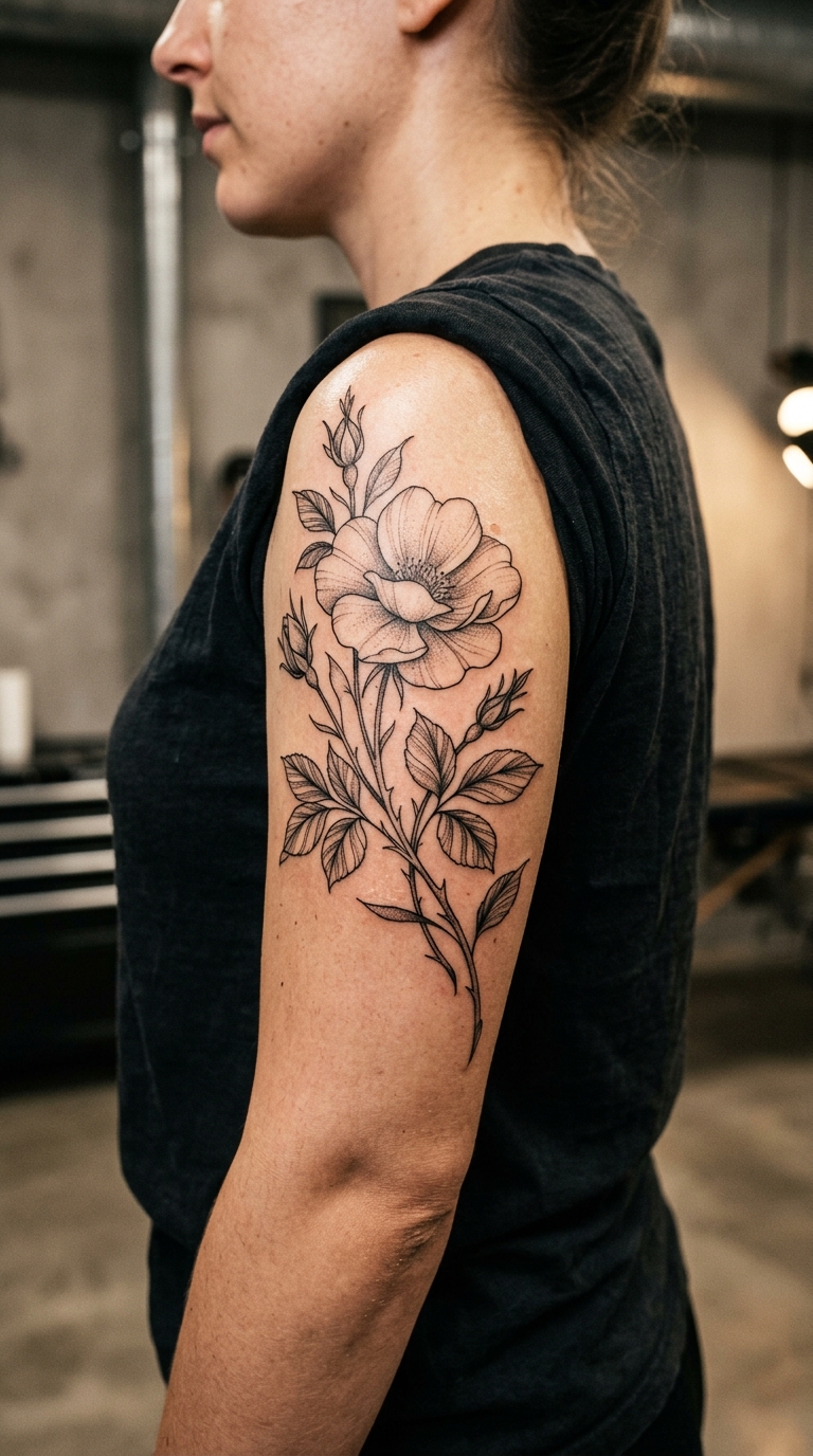 Wildrose als filigranes Blumen Tattoo für den Oberarm