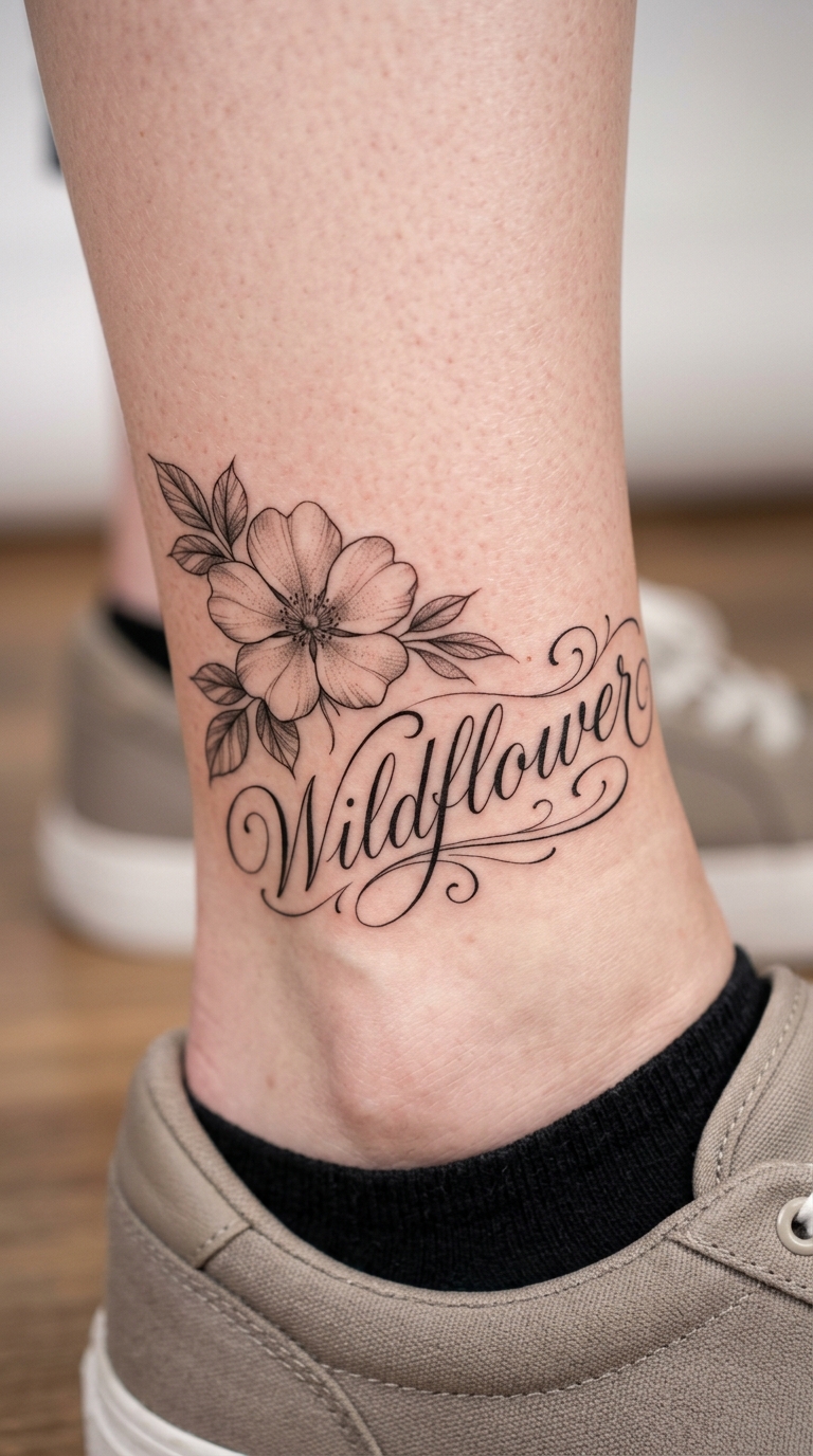 Wildrose als geschwungenes Schrift Tattoo für den Knöchel