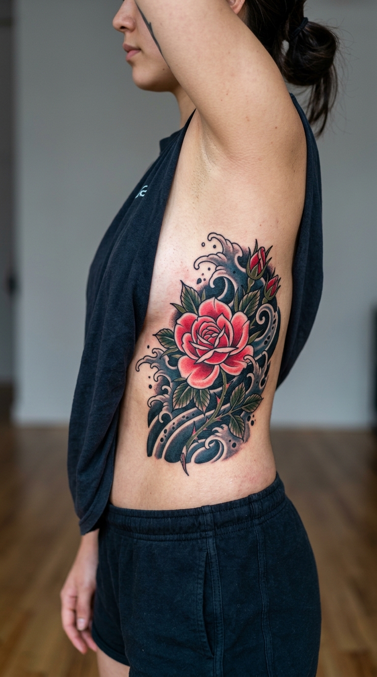 Wildrose als japanisches Tattoo für die Rippen