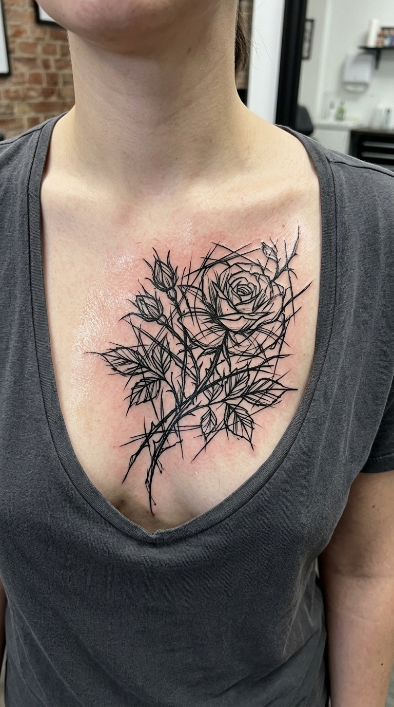 Wildrose als kreuz und quer Tattoo für Brust & Oberkörper