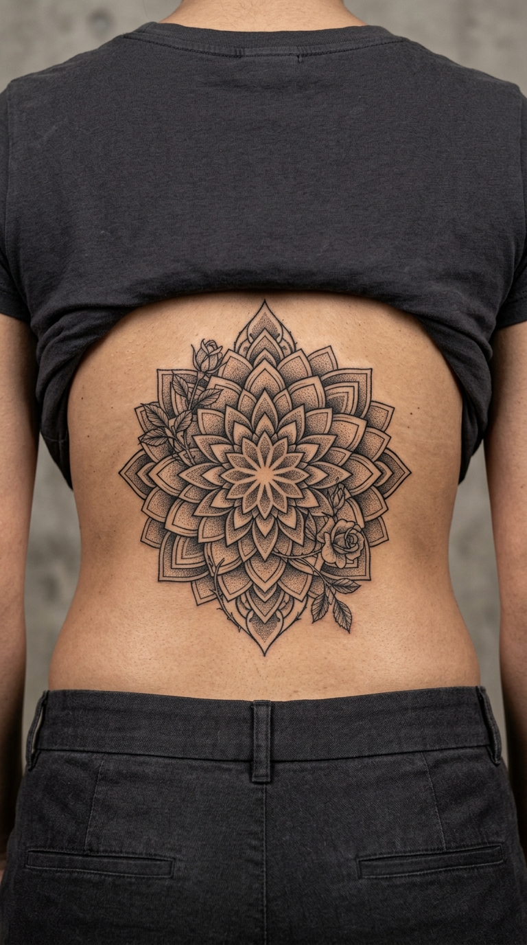 Wildrose als Mandala Tattoo für das Steißbein