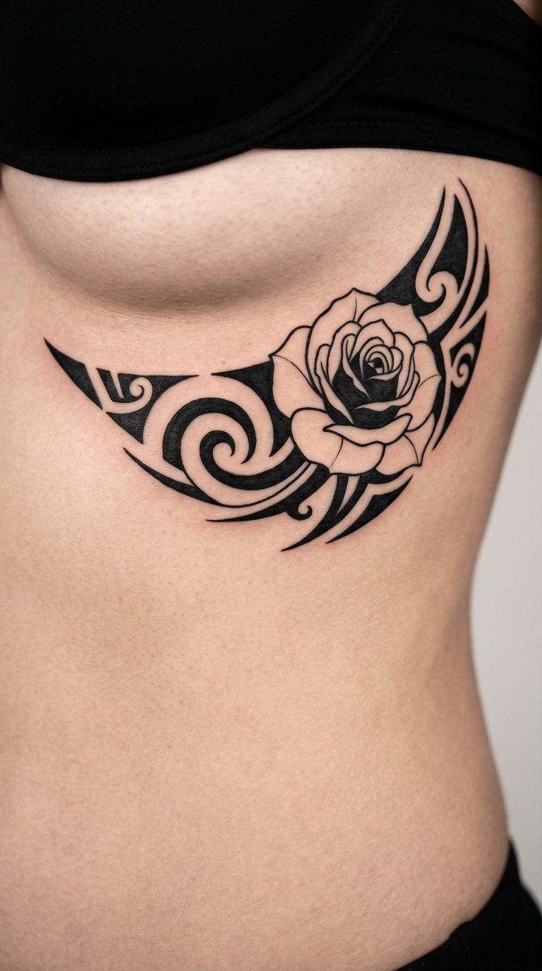 Wildrose als Maori Tattoo Idee für den Underboob