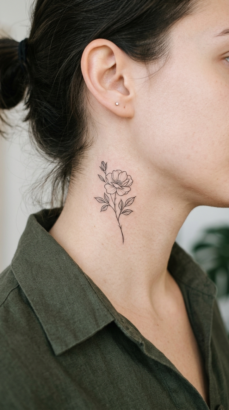 Wildrose als minimalistisches Tattoo für den Hals