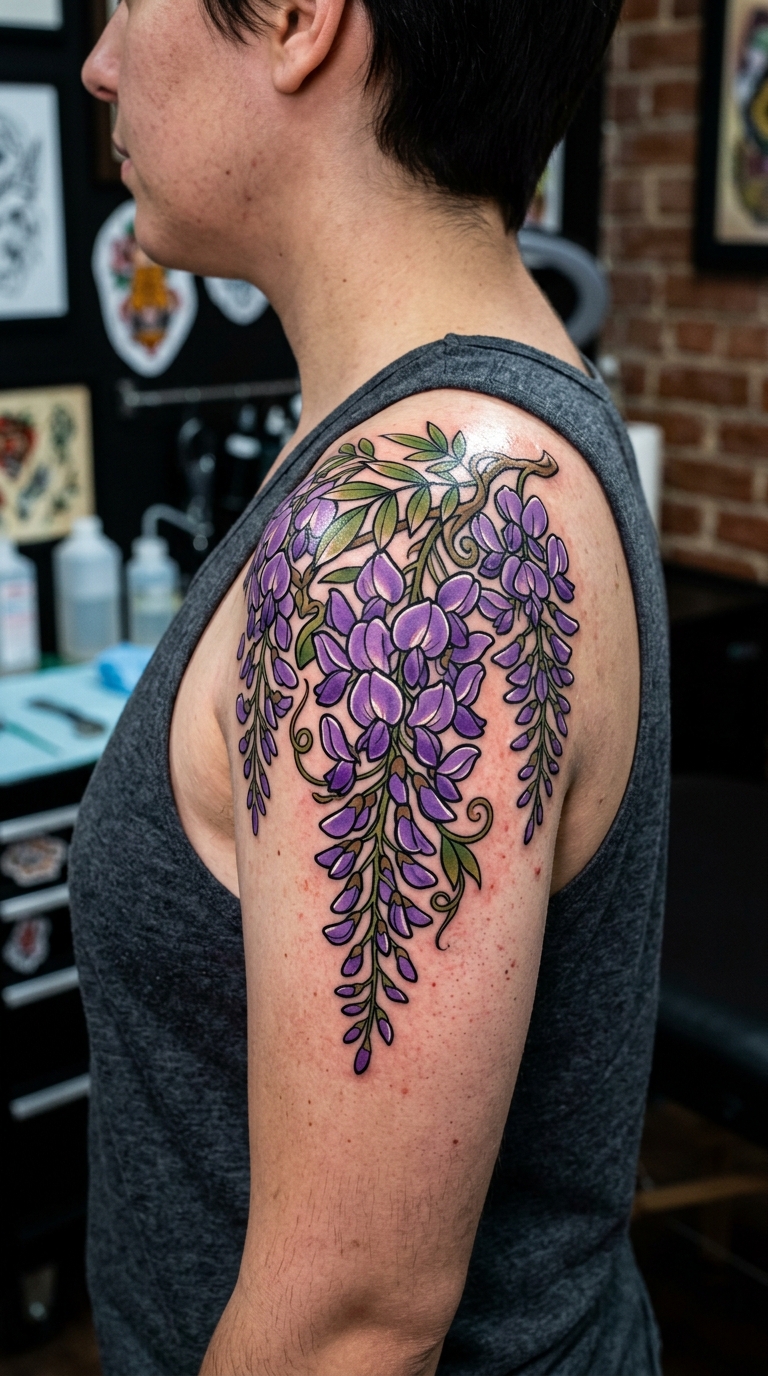 Wisteria als verspieltes Comic Tattoo für die Schulter