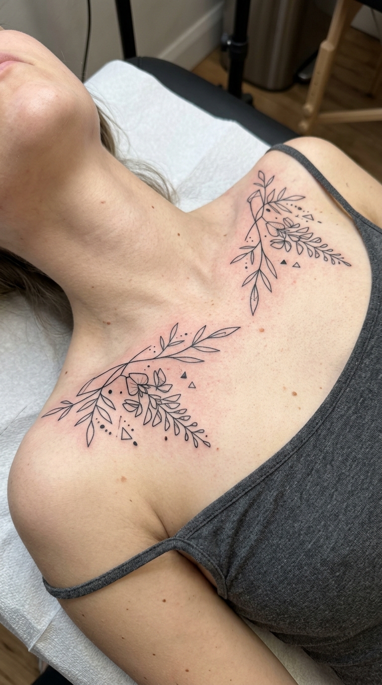 Wisteria Ranke als abstraktes Zeichen Tattoo für das Schlüsselbein