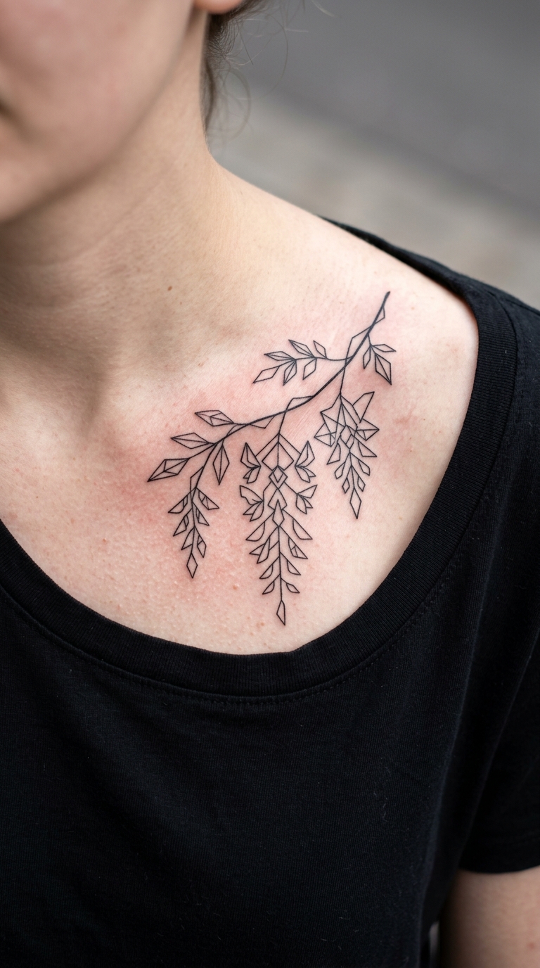 Wisteria Ranke als filigranes Zeichen Tattoo für das Schlüsselbein