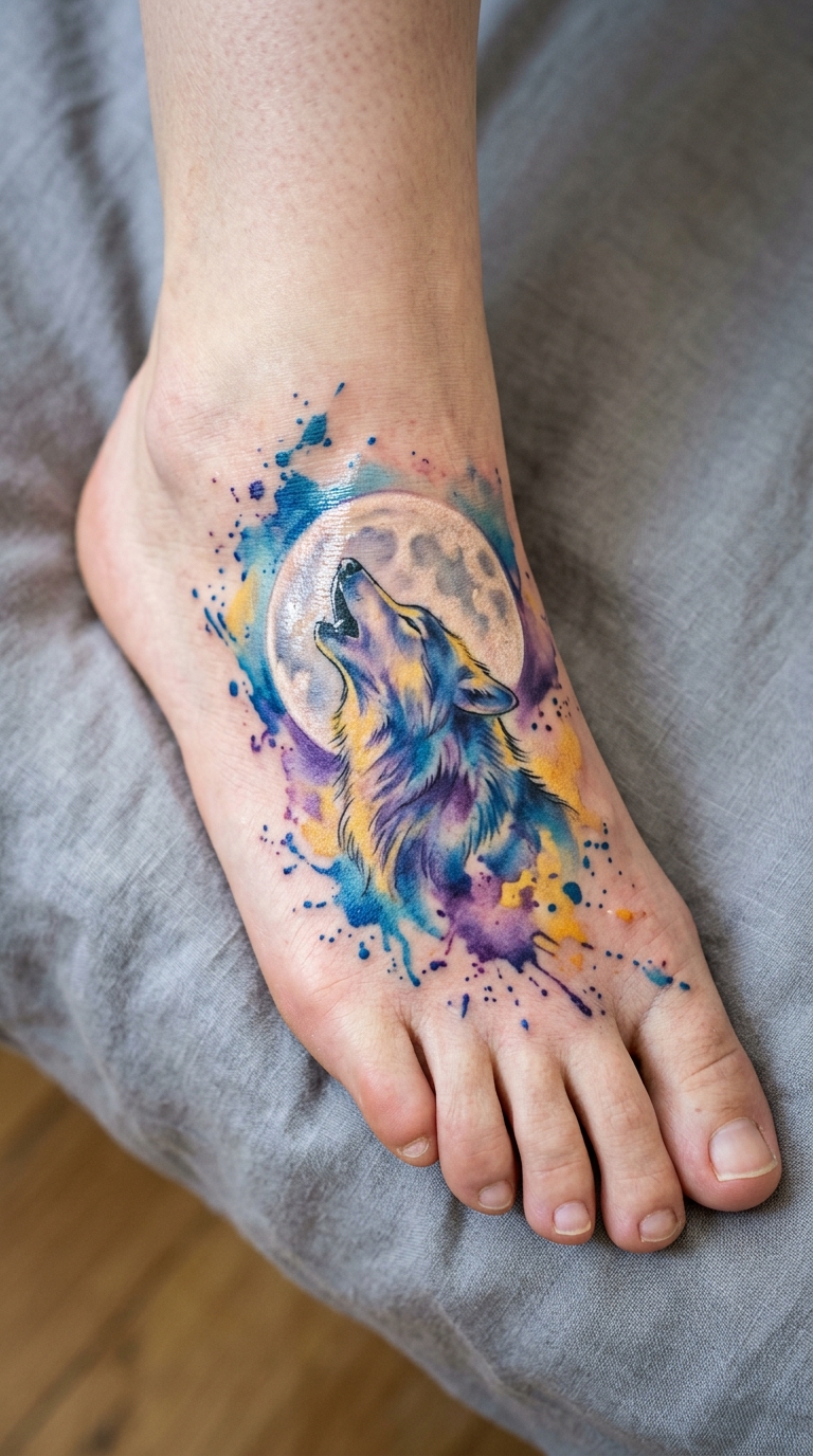 Wolf im Mondschein als Aquarell Tattoo für den Fuß