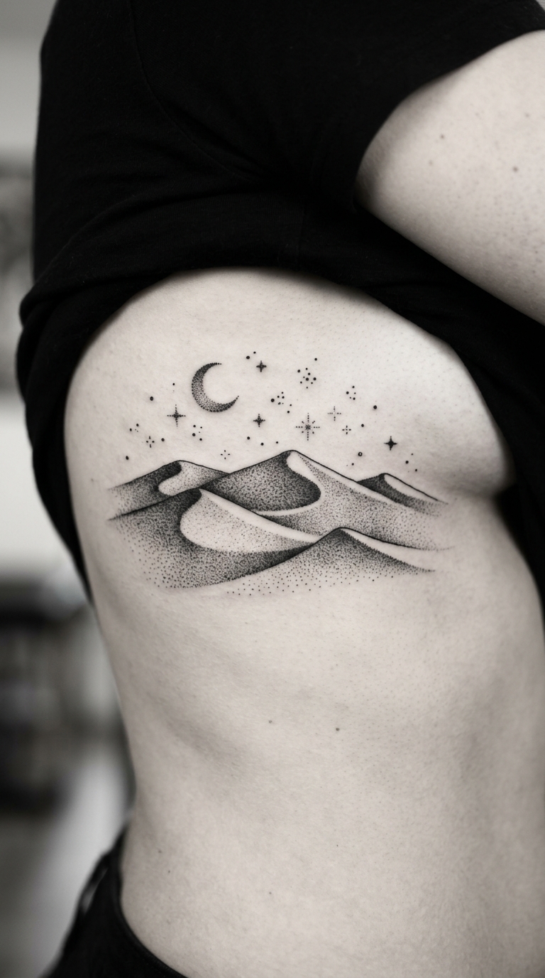 Wüstendünen als Dotwork Tattoo auf den Rippen