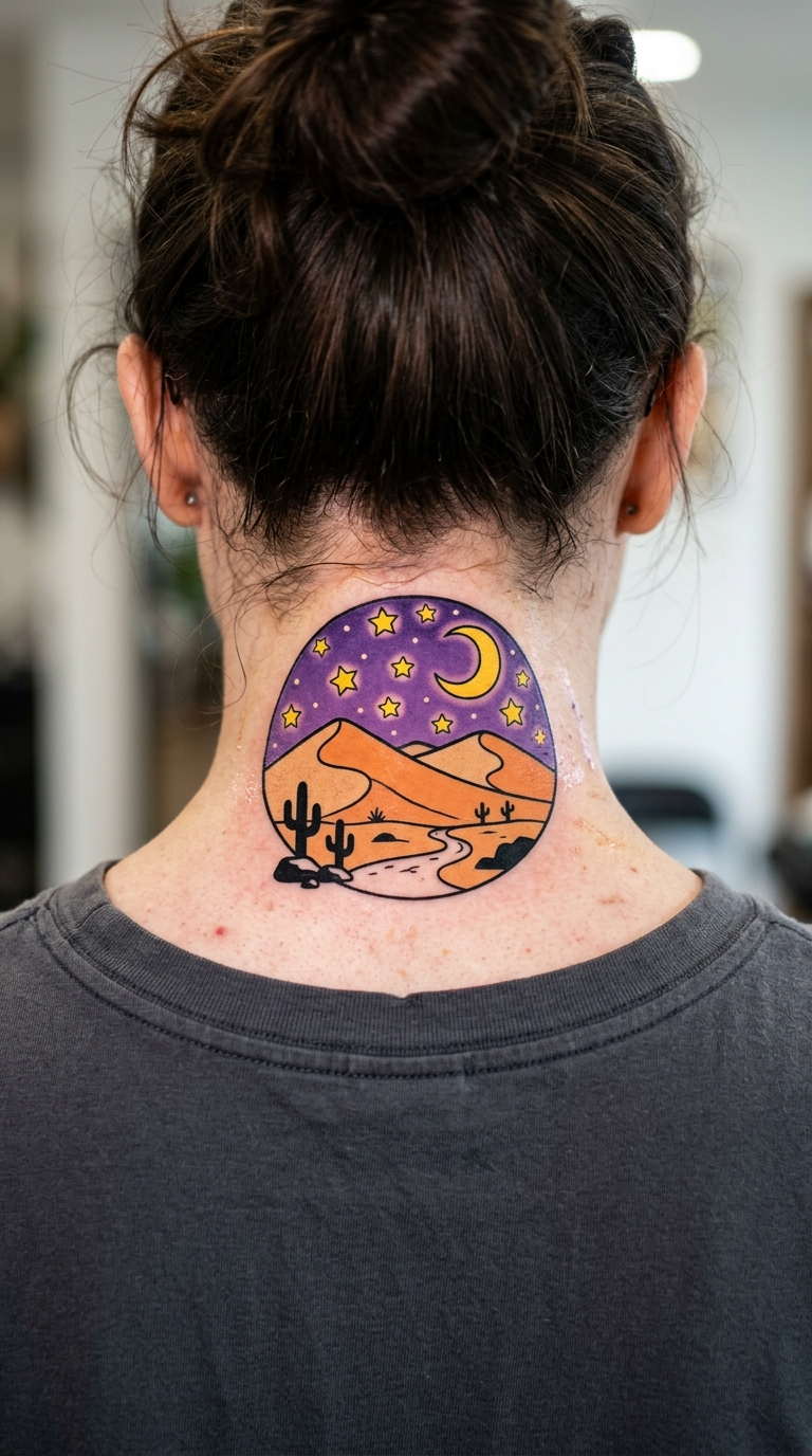 Wüstendünen bei Nacht als Comic Tattoo für den Nacken
