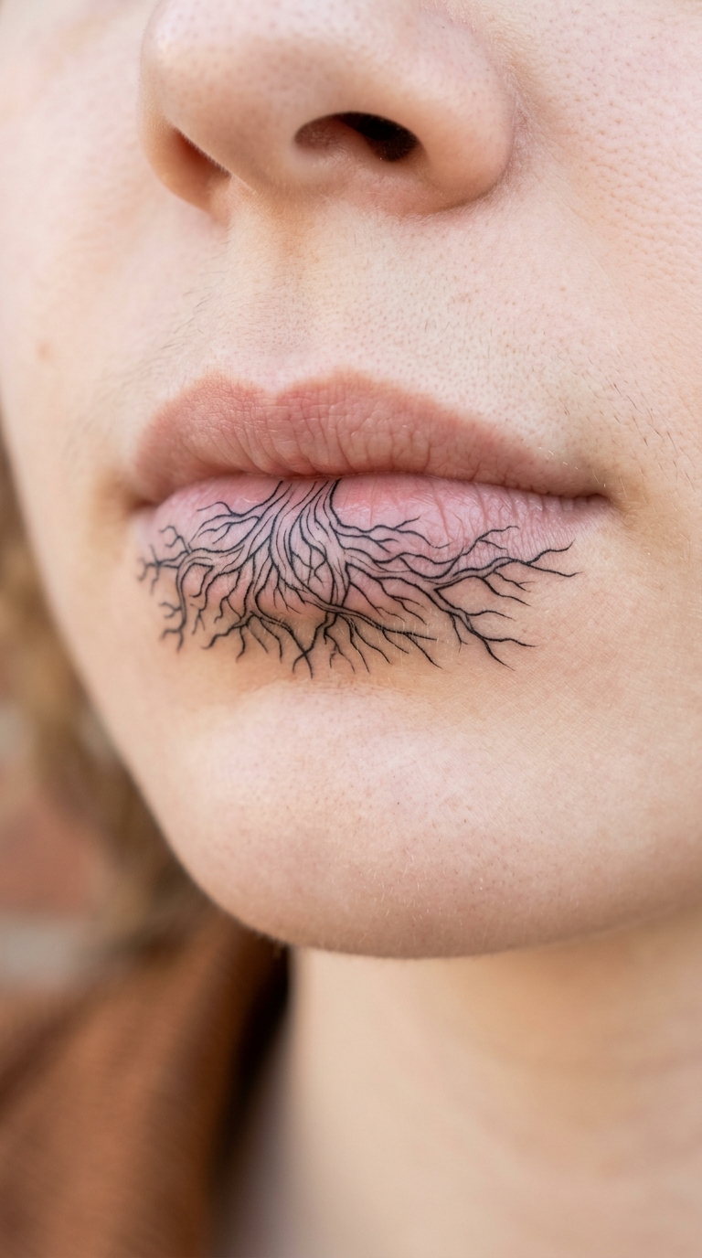 Wurzelwerk Tattoo als feine Fineline Idee für die Unterlippe