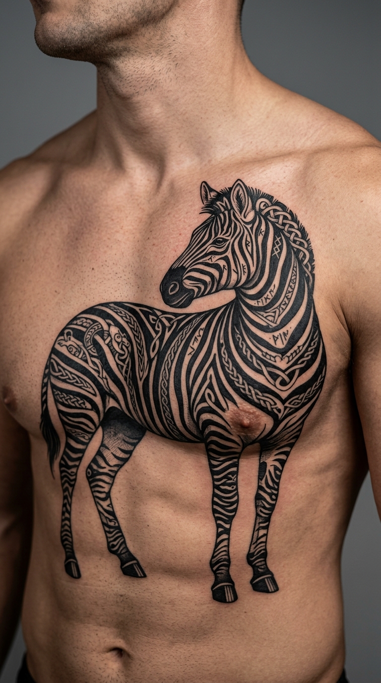 Zebra als Wikinger und Celtic Tattoo für Brust & Oberkörper