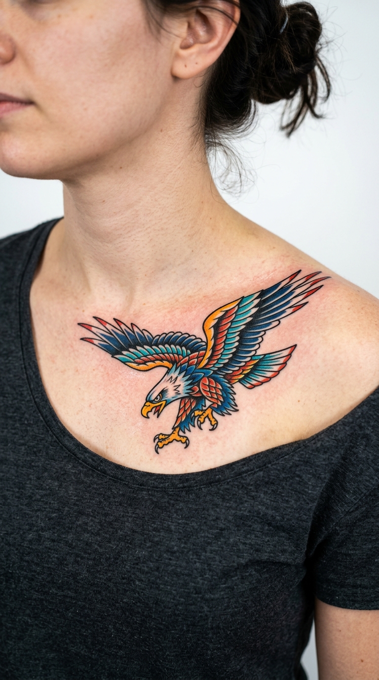 Adler im Sturzflug als Comic Tattoo für das Schlüsselbein