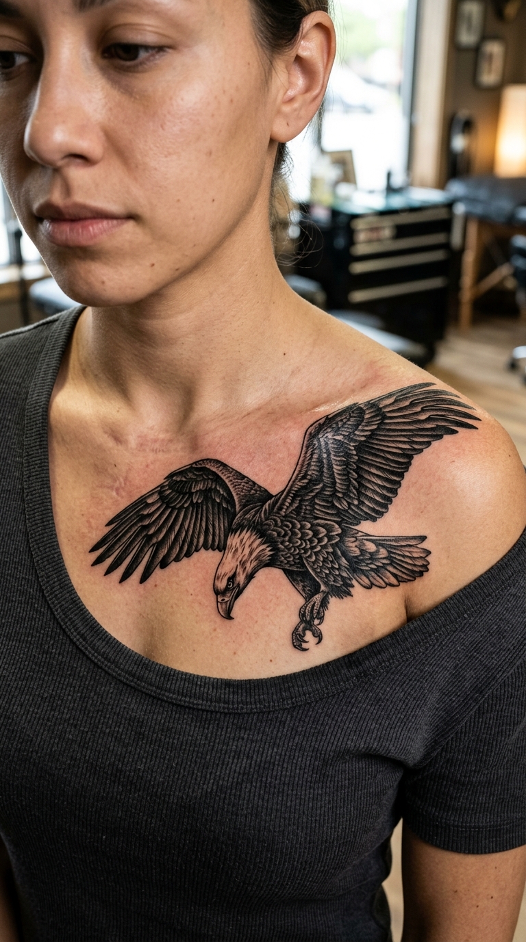 Adler im Sturzflug als Cover up Tattoo für das Schlüsselbein