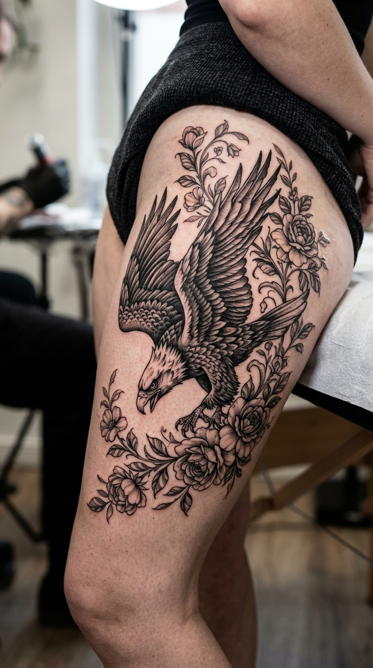 Adler im Sturzflug als florales Tattoo für den Oberschenkel