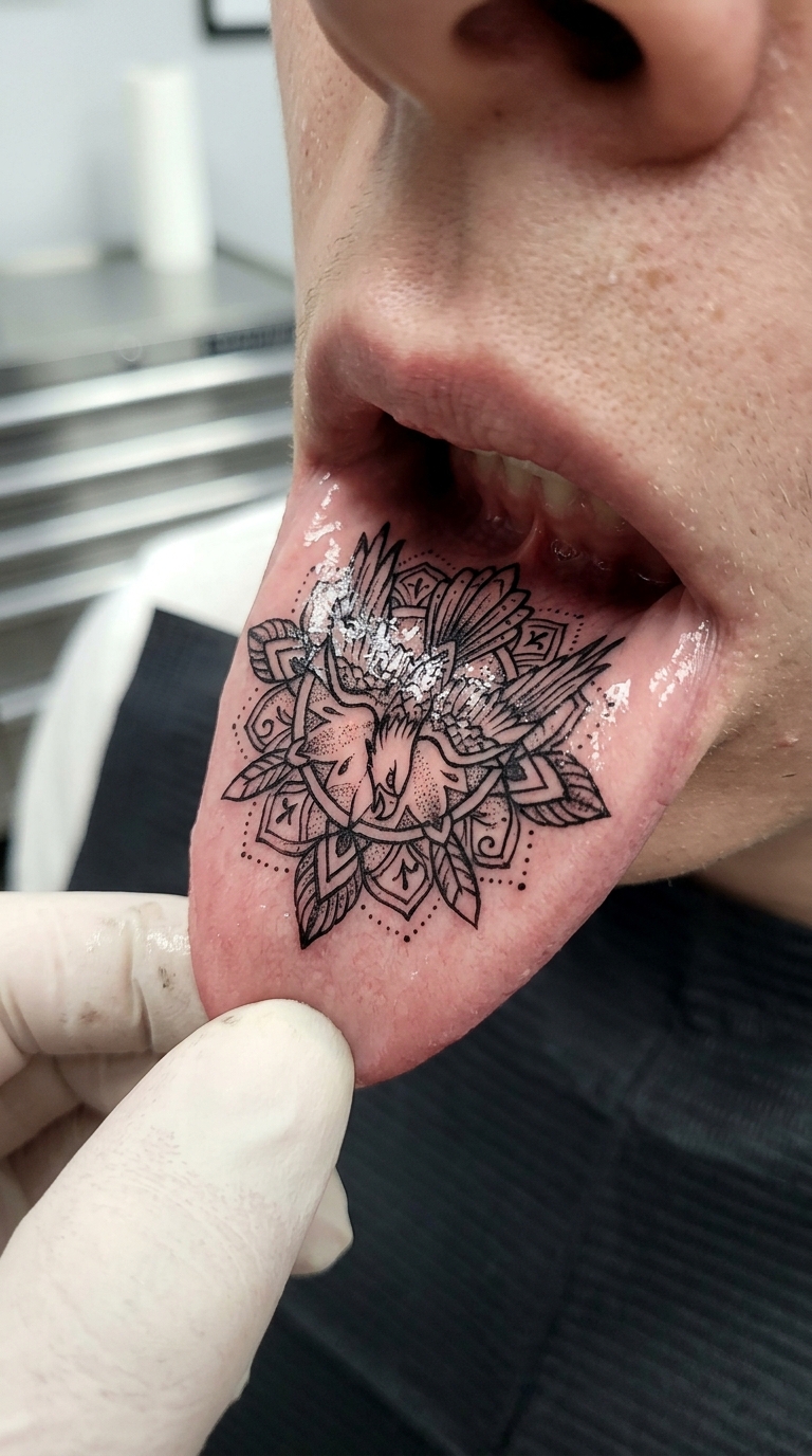 Adler im Sturzflug als Mandala Tattoo Idee für die Unterlippe