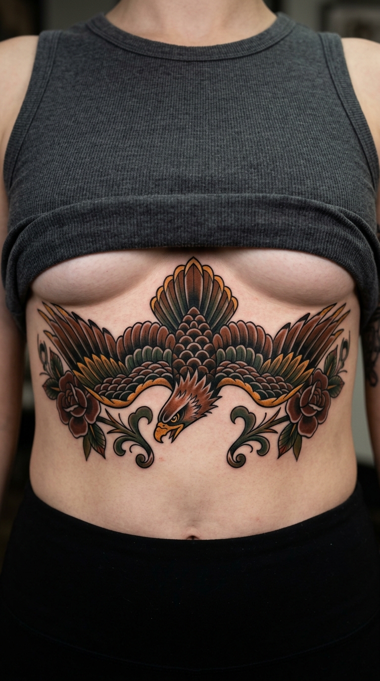 Adler im Sturzflug als Neo Traditional Tattoo für den Underboob