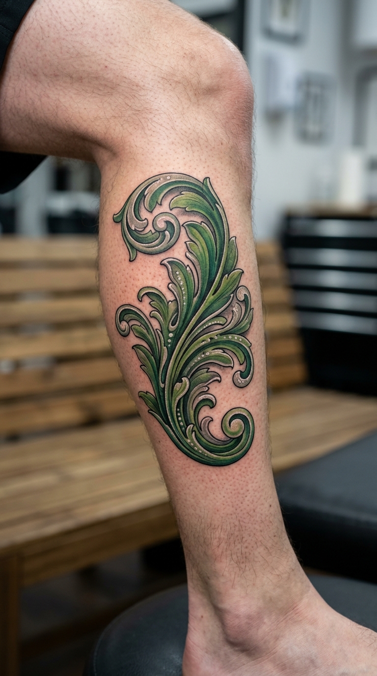 Akanthusblatt als 3D Tattoo Idee für das Bein