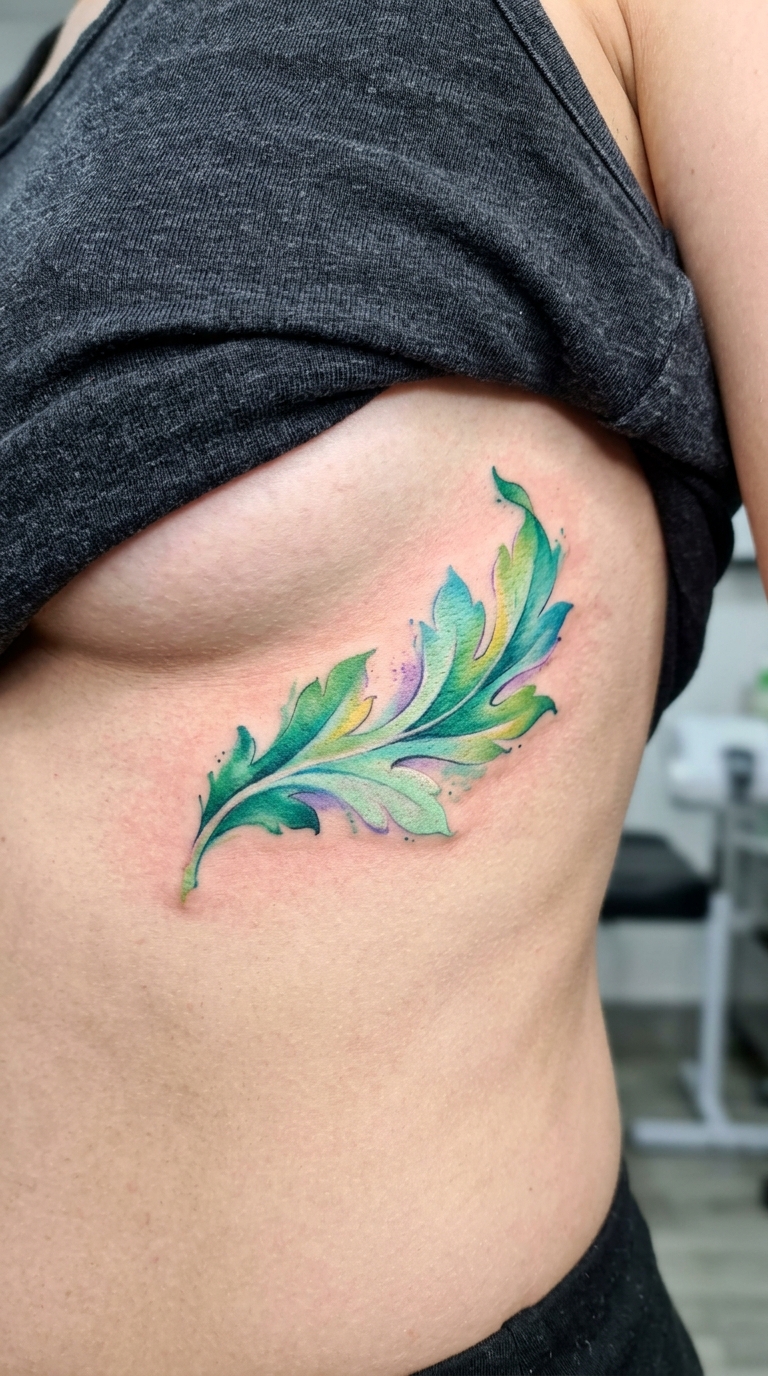 Akanthusblatt als Aquarell Tattoo Idee für den Underboob