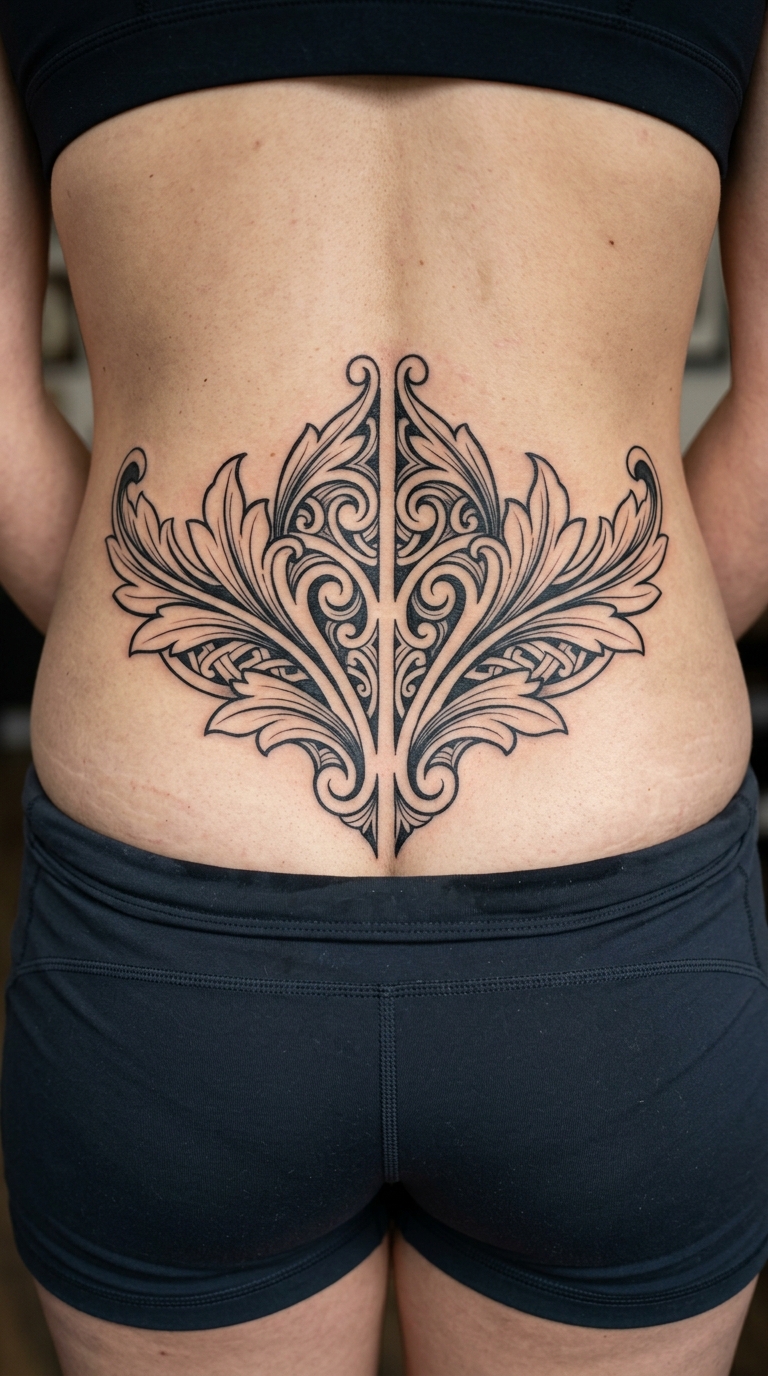 Akanthusblatt als Maori Tattoo Idee für das Steißbein