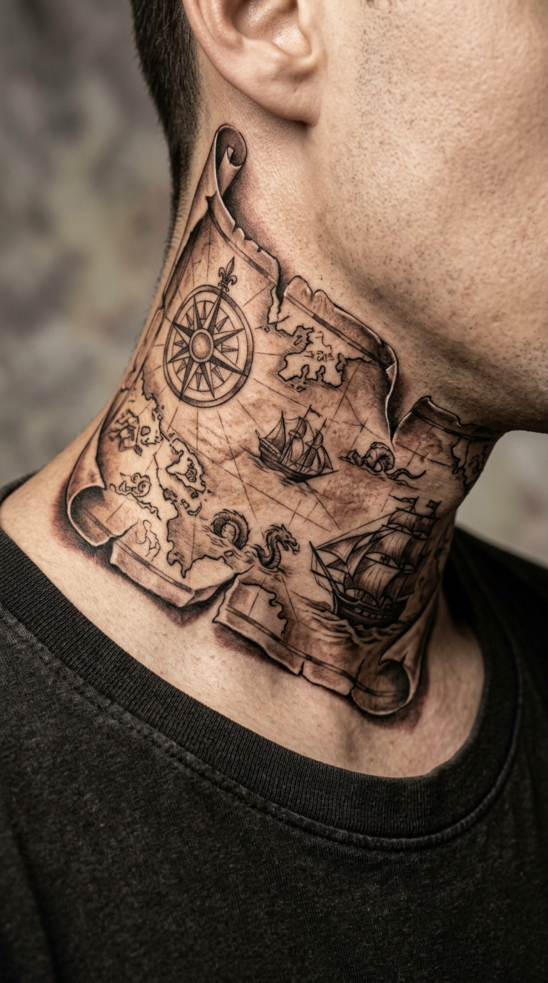 Alte Seekarte als 3D Tattoo Idee für den Hals