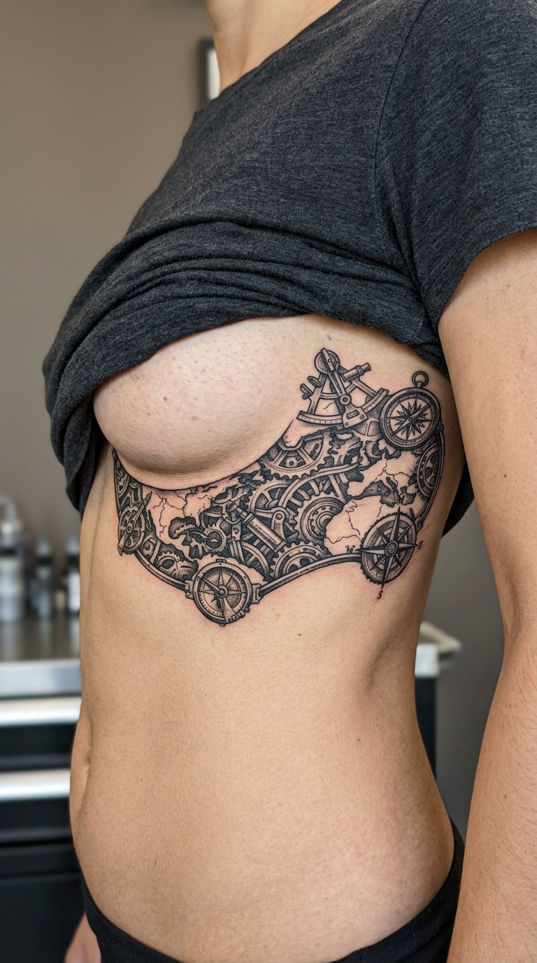 Alte Seekarte als biomechanisches Tattoo für den Underboob