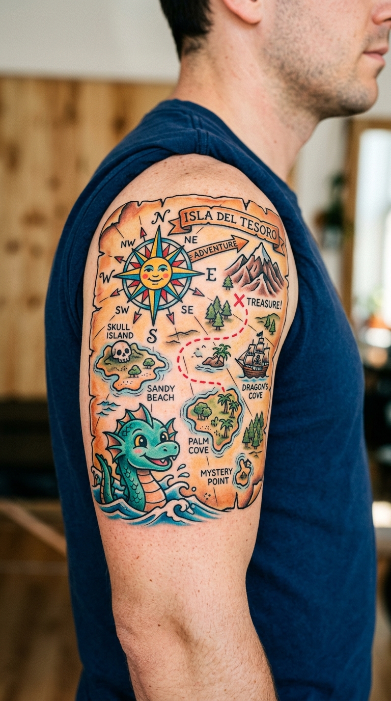 Alte Seekarte als farbenfrohes Comic Tattoo für den Oberarm