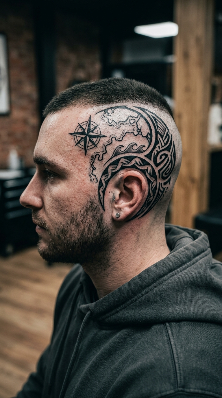 Alte Seekarte als Tribal Tattoo für den Kopf