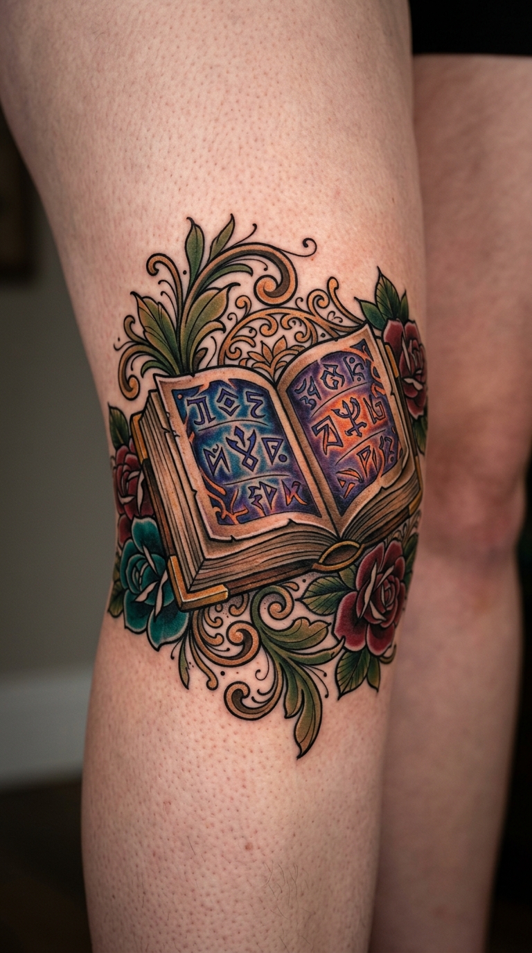 Altes Buch mit Runen als Neo Traditional Tattoo für die Kniekehle
