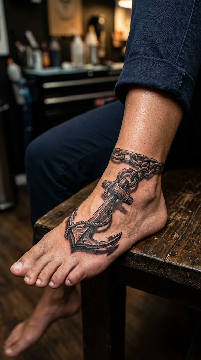 Anker als 3D Tattoo Idee für den Fuß