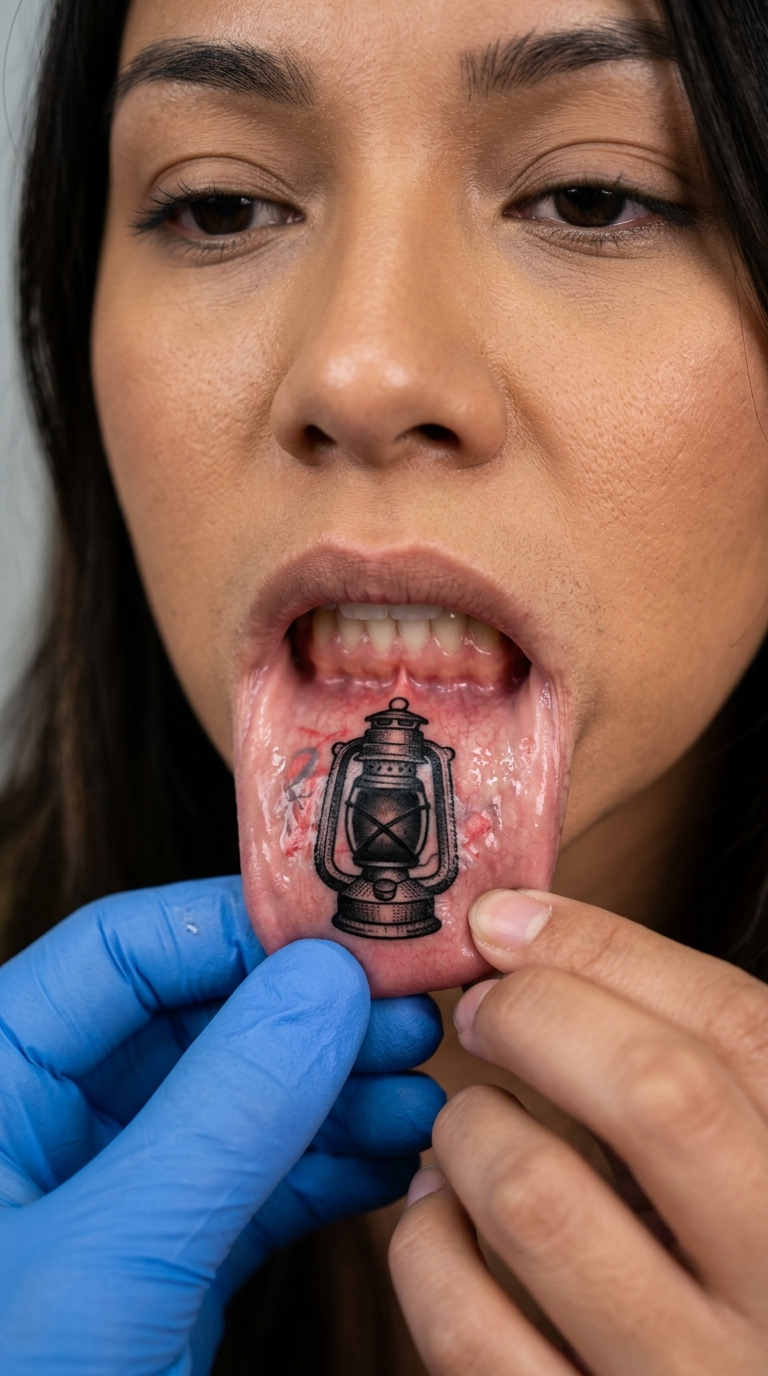 Antike Laterne als stilvolles Cover up Tattoo für die Unterlippe