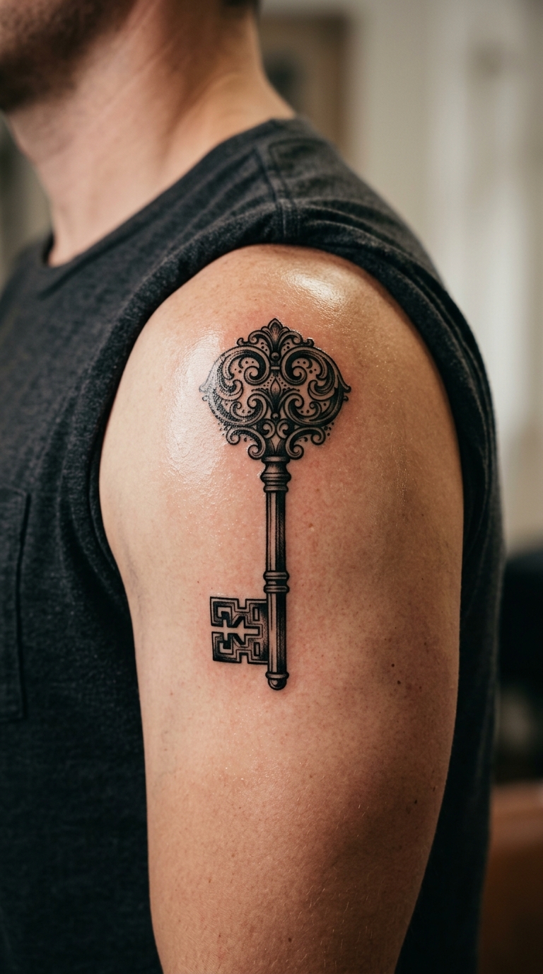 Antiker Schlüssel als Zeichen und Symbol Tattoo für die Schulter