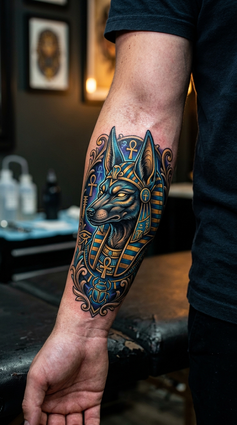 Anubis als ägyptisches Neo Traditional Tattoo für den Unterarm