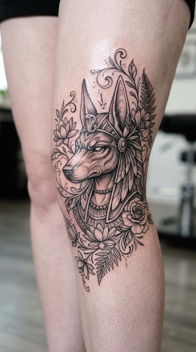 Anubis als florales Tattoo für die Kniekehle