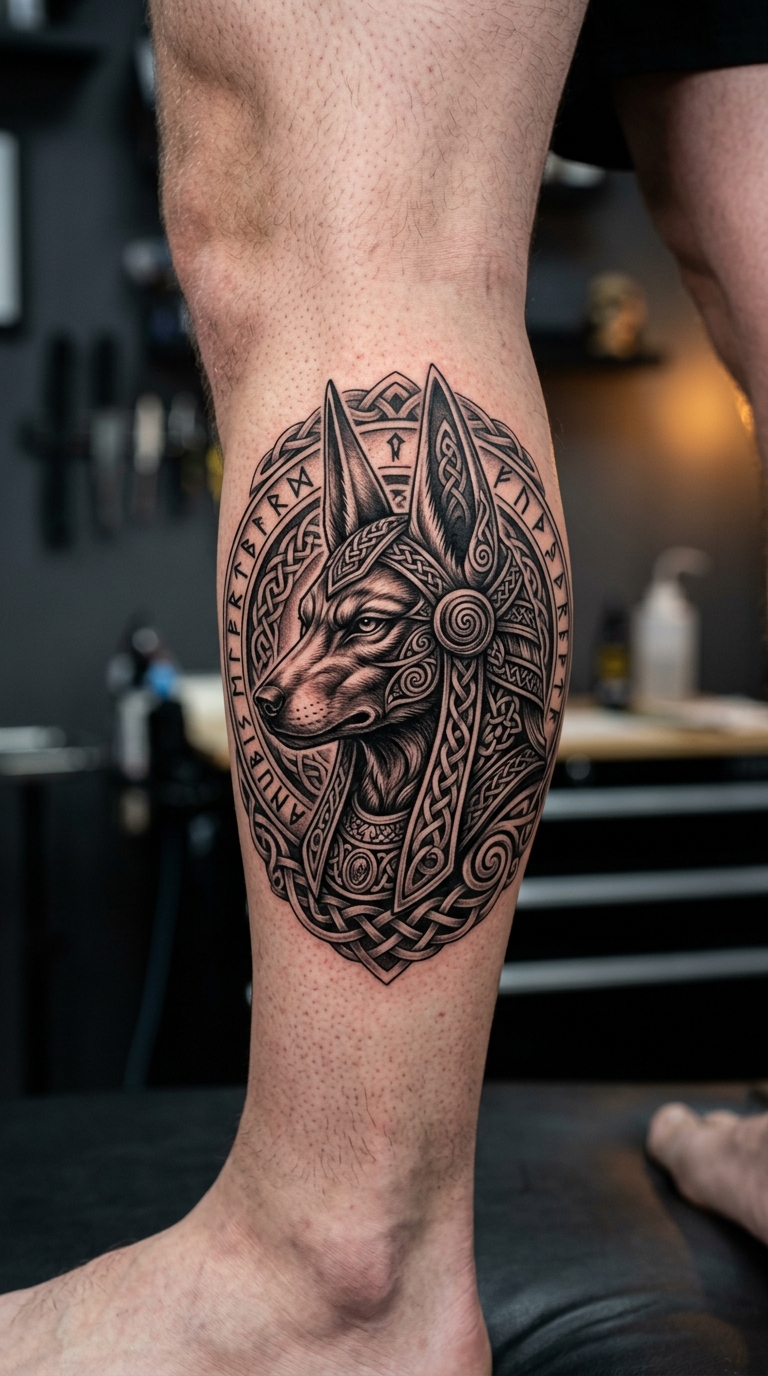 Anubis als Wikinger und Celtic Tattoo für das Bein