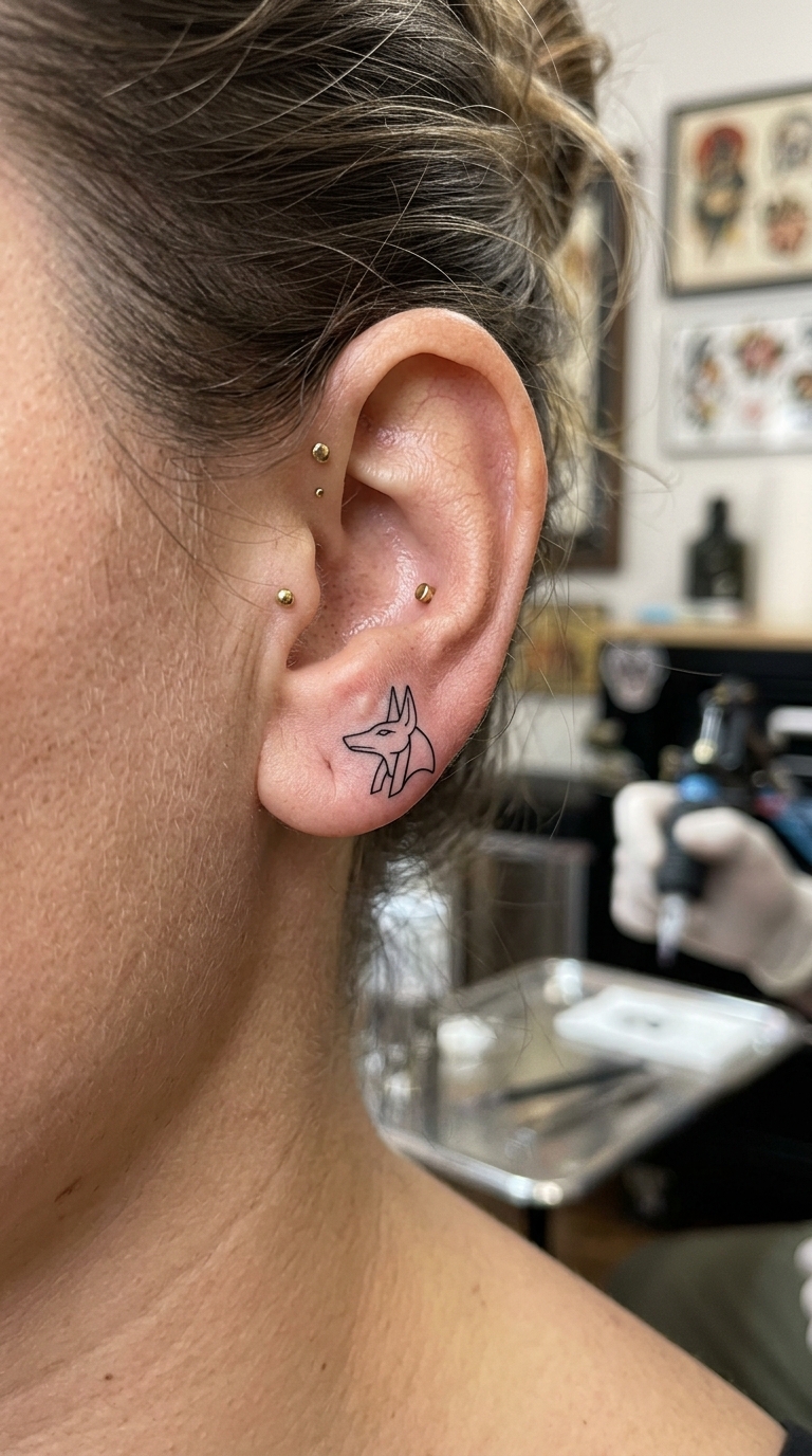 Anubis Motiv als minimalistisches Tattoo für das Ohr