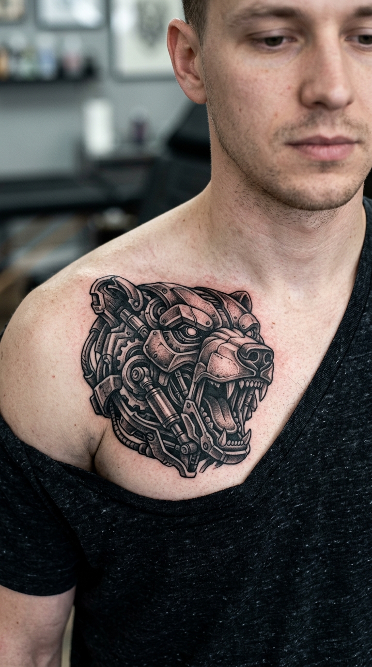 Bär als biomechanisches Tattoo Idee für das Schlüsselbein