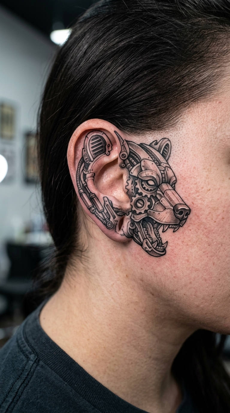 Bär im biomechanischen Stil als Tattoo Idee für das Ohr