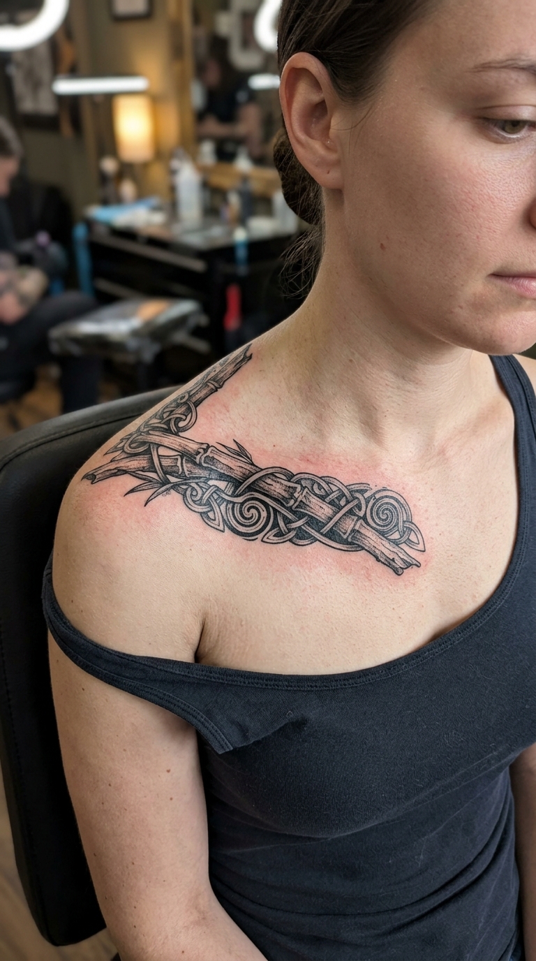 Bambus im Wikinger und Celtic Stil als Tattoo Idee für das Schlüsselbein