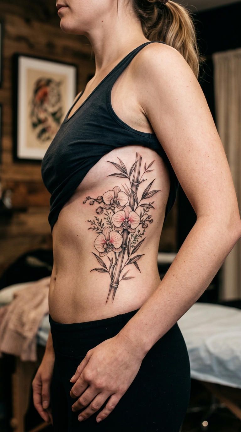 Bambus mit Orchideen als florales Tattoo für die Rippen