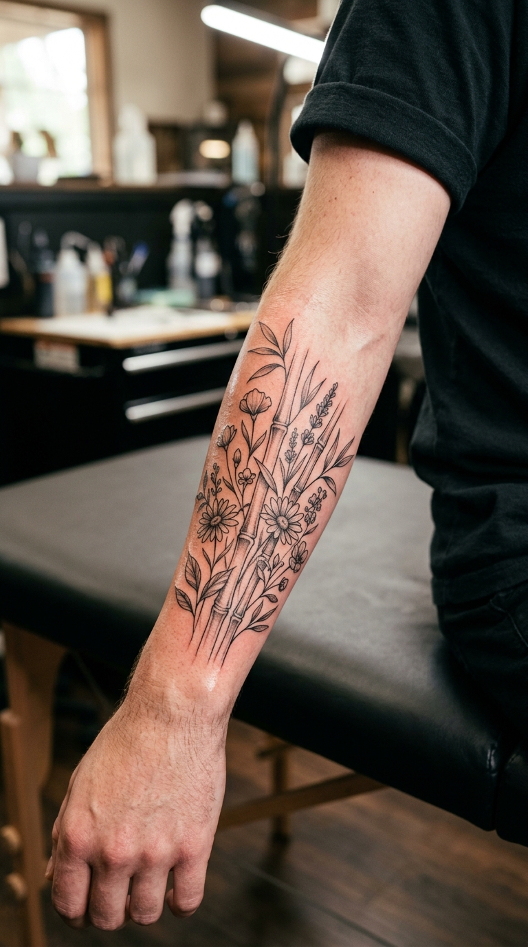 Bambus und Blüten als florales Tattoo für den Unterarm