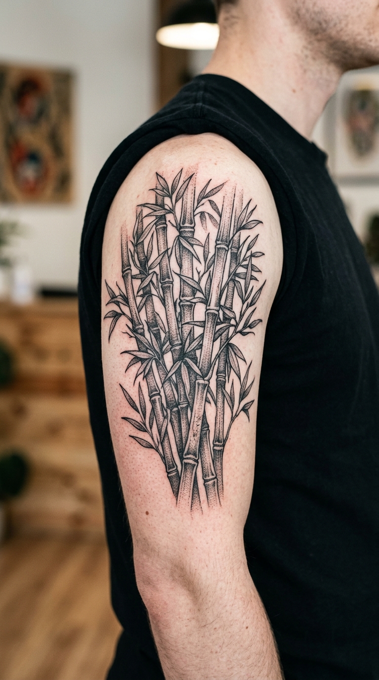 Bambusstangen als Dotwork Tattoo auf dem Oberarm