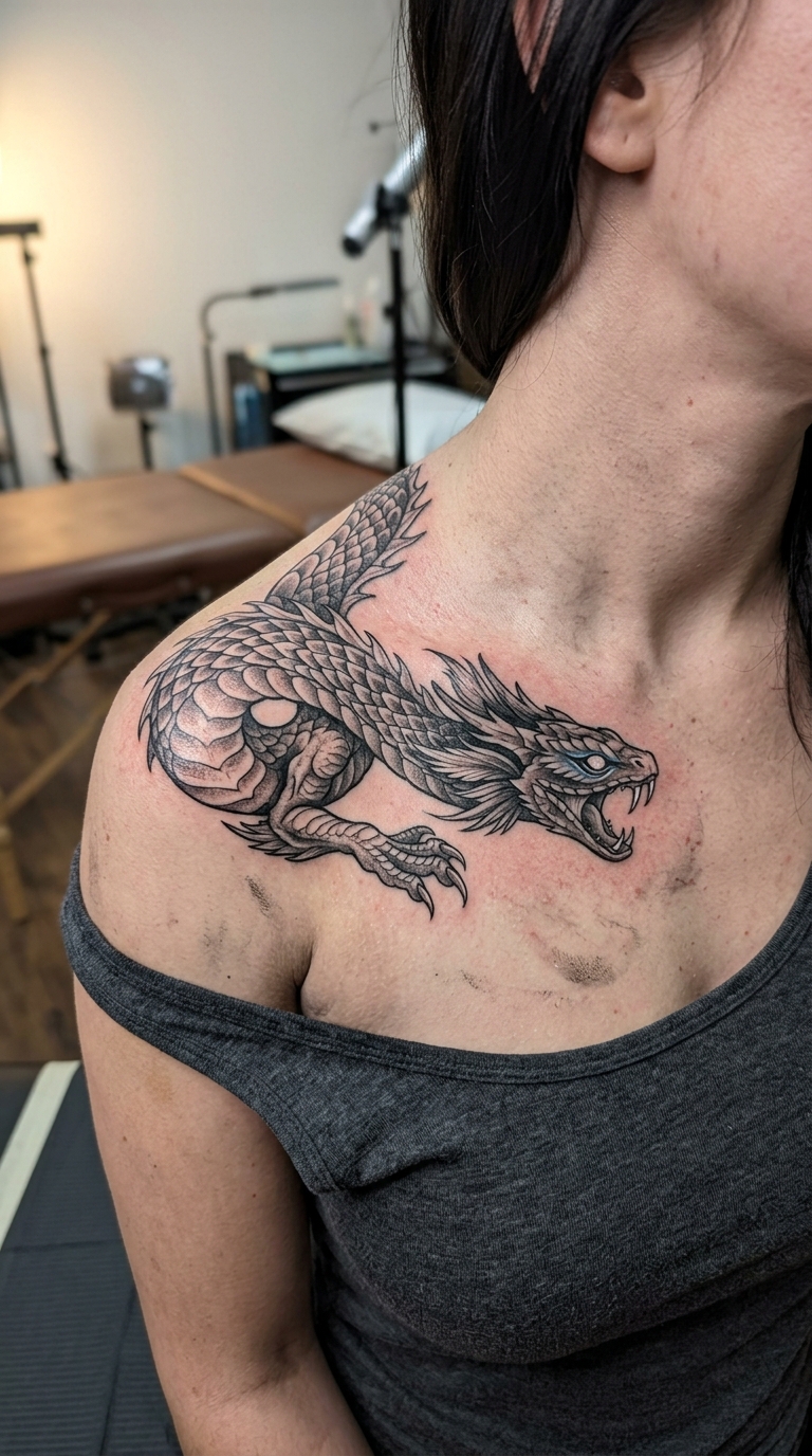 Basilisk als mystisches Fantasy Tattoo für das Schlüsselbein