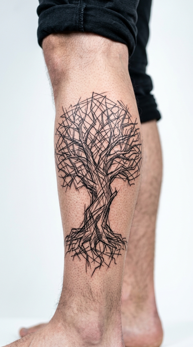 Baum des Lebens als kreuz und quer Tattoo auf dem Bein